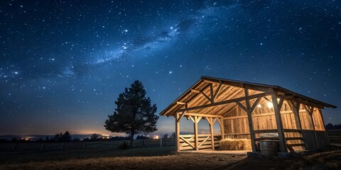 Fototapeta premium Wooden Stable at Dark Blue Starry Night, Jesus Christ Birth Concept with Copy Space