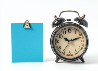 A vintage alarm clock with a blue note holder beside it.