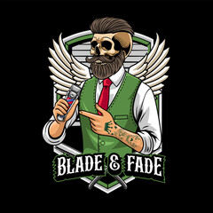 Vintage Barbershop Hipster Beard Skull holding Electric Trimmer Logotype Badge Vector Illustration