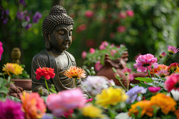 Fototapeta premium Greeting card with ancient statue great Buddha on bright holiday composition, abstract vivid composition consists of fictional unreal fantastic vision on background