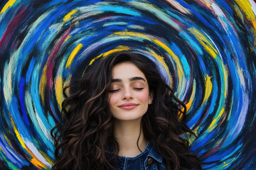 Young caucasian woman smiling with eyes closed in front of colorful swirl painting