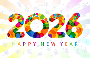 Obraz premium Happy New Year 2026 greeting card design. Cute festive background, numbers 2 0 2 6 with colourful bubbles and isolated clipping mask. Set of realistic snowflakes. Bright graphic circle or letter o.