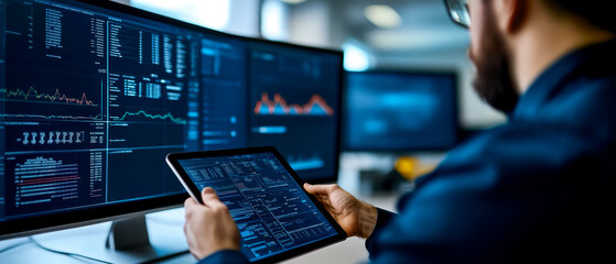 Fototapeta premium A professional analyzing data on multiple screens while using a tablet in a modern office environment.
