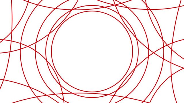 Animated red decorative wavy lines is drawn. Linear background with circle copy space. Looped video. Vector illustration isolated on white background.
