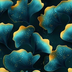 Seamless pattern of ginkgo leaves in shades of teal and gold, with the texture of real petals background