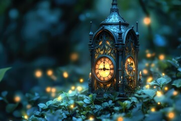 An ornate clock tower glows softly amidst a mystical, enchanted forest at night.