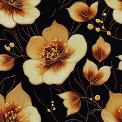 Seamless golden flowers on a black background, an embroidery design with intricate hand-worked details, delicate gold lines, pattern decor background