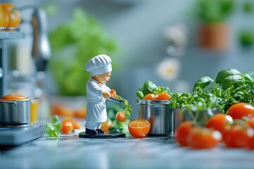 A miniature chef meticulously prepares fresh tomatoes and basil in a charming kitchen setting.