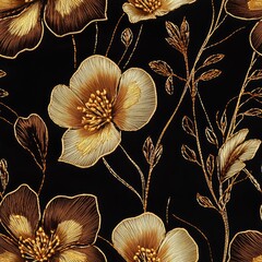 Seamless golden flowers on a black background, an embroidery design with intricate hand-worked details, delicate gold lines, pattern decor background