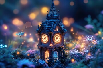 Enchanted clock tower glowing softly amidst a mystical, bioluminescent garden at night.
