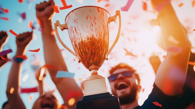 Celebration of victory with a trophy surrounded by cheering people and confetti.