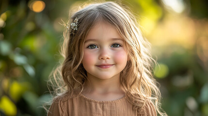 Fototapeta premium Girl with curly hair smiling in a lush green garden during golden hour sunlight