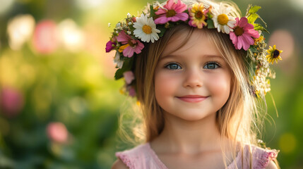Young girl with flower crown enjoying a sunny day in a blooming garden