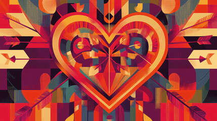 A contemporary heart design with arrows and Cupid motifs, using bold colors and modern patterns.