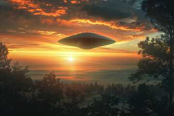 Obraz premium Iron oval UFO saucer hovering over beautiful landscape in deep dramatic sky, abstract vivid composition consists of fictional unreal fantastic vision on background
