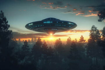 Obraz premium Iron oval UFO saucer hovering over beautiful landscape in deep dramatic sky, abstract vivid composition consists of fictional unreal fantastic vision on background