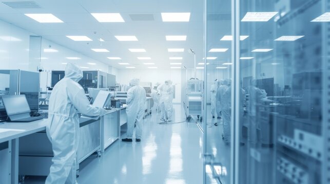 A modern semiconductor fabrication cleanroom with engineers in cleanroom suits working on microchip production under sterile conditions, Semiconductor cleanroom scene, Hi-tech manufacturing style
