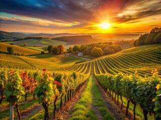 Fototapeta premium Sunset Vineyard: Rolling Hills, Grapevines, Low Light Photography