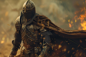 Fantastic beautiful royal knight in iron armor guards castle chambers, abstract vivid composition consists of fictional unreal fantastic vision on background