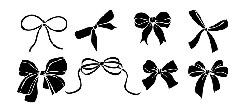 Black Monochrome decorative ribbon bows set. Holiday sign collection. Ribbon symbol, accessory logo, cut files. Vector outline illustrations isolated on transparent background.