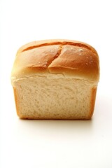 A freshly baked white bread loaf displayed on a clean white background. Ideal for culinary projects, this soft loaf offers rich texture and versatility.