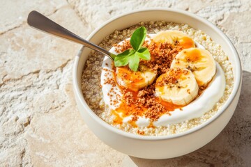 Quinoa bowl with caramelized banana and Greek yogurt on a stone surface