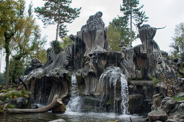 Obraz premium Fantastically beautiful fountain against backdrop of natural national park, abstract vivid composition consists of fictional unreal fantastic vision on background