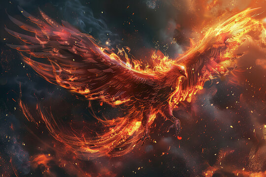 Fantastically beautiful mythological bird phoenix from bright hot fire, abstract vivid composition consists of fictional unreal fantastic vision on background