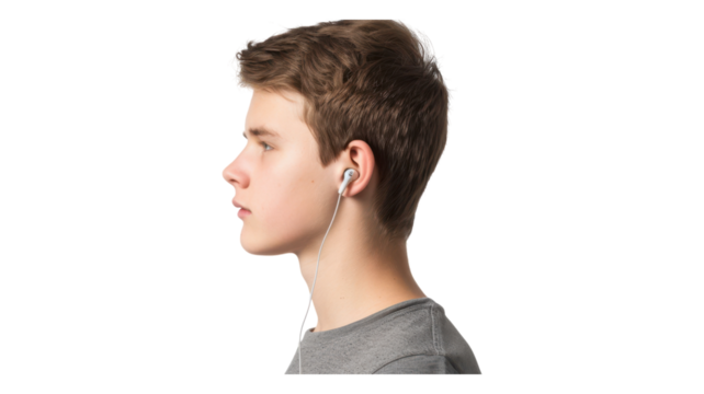A focused student immersed in studies wearing an earpiece connected to a modern device for enhanced learning