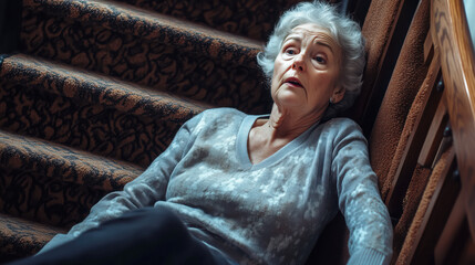 Senior woman lies on the stairs of a house after falling. Need for assistance and safety in homes