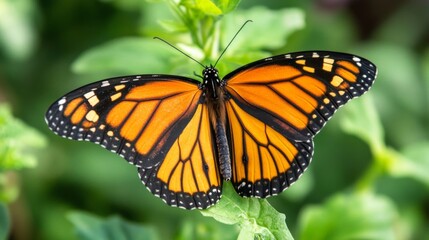 Close-up of a Monarch Butterfly on Green Leaves