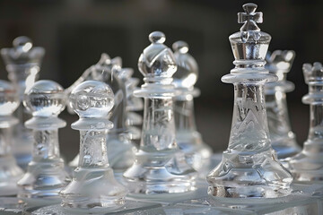 Chess piece standing on checkered game board during strategic game of chess, abstract vivid composition consists of fictional unreal fantastic vision on background