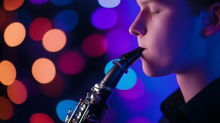 Fototapeta premium Young Musician Playing Clarinet Against Colorful Bokeh Lights in Night Scene
