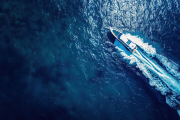 Luxury private big motor yacht in tropical sea with soft blue wave, abstract vivid composition consists of fictional unreal fantastic vision on background