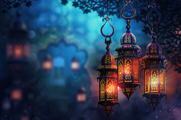 Obraz premium Beautiful greeting card with holiday composition for happy celebrate Ramadan, abstract vivid composition consists of fictional unreal fantastic vision on background