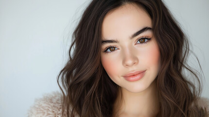 Naklejka premium Natural Beauty of Young Woman with Long Wavy Hair and Soft Makeup