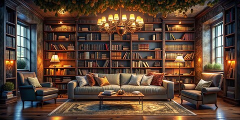 Surreal Cozy Living Room with Enormous Bookcase, Magical Reading Nook, Fantasy Interior Design