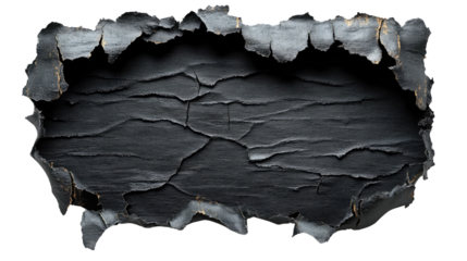 Hole in black fabric with frayed edges isolated on a transparent background