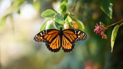 Fototapeta premium Monarch Butterfly on Green Leaves and Flower