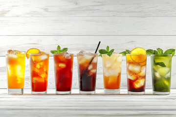 Fototapeta premium Colorful iced tea variations are displayed in glasses, featuring ice, mint, and citrus slices, creating a refreshing summer beverage scene