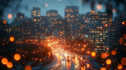 Obraz premium City lights illuminate busy streets during a rainy evening in a metropolitan area
