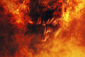 Scary sinister devil is in hell with dramatic bright fire lighting, abstract vivid composition consists of fictional unreal fantastic vision on background