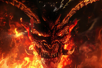Scary sinister devil is in hell with dramatic bright fire lighting, abstract vivid composition consists of fictional unreal fantastic vision on background