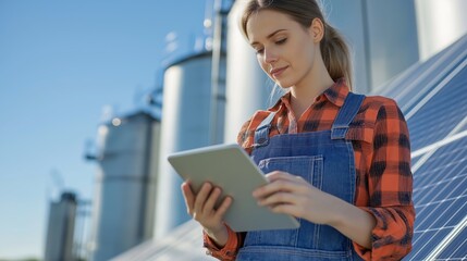 Young Woman in Overalls Using Tablet at Solar Power Facility