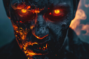 Scary sinister zombie wandering in street with dramatic lighting on Halloween, abstract vivid composition consists of fictional unreal fantastic vision on background