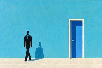 Obraz premium Silhouette in Suit Walking Towards Open Doorway in Minimalist Setting
