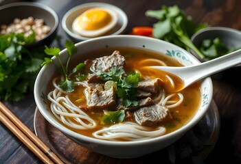 A Platter Of Fresh Vietnamese Pho With Rice Noodles, Fresh Herbs, Thinly Sliced Beef, And A Bowl Of Fragrant Broth