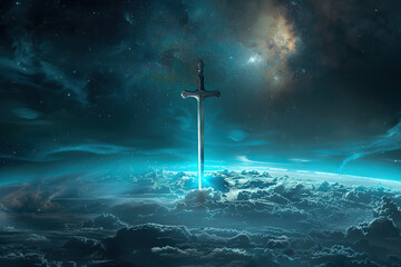 Naklejka premium Fantastic weapon royal sword with beautiful handle and sharp blade, abstract vivid composition consists of fictional unreal fantastic vision on background