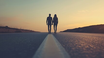 Fototapeta premium Couple holding hands, walking sunset road, hills background, romance