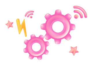 Cute 3D pink two gears icon isolated, transparent background. Glowing plastic or glass texture cogwheel network technology icon for infographics, presentation